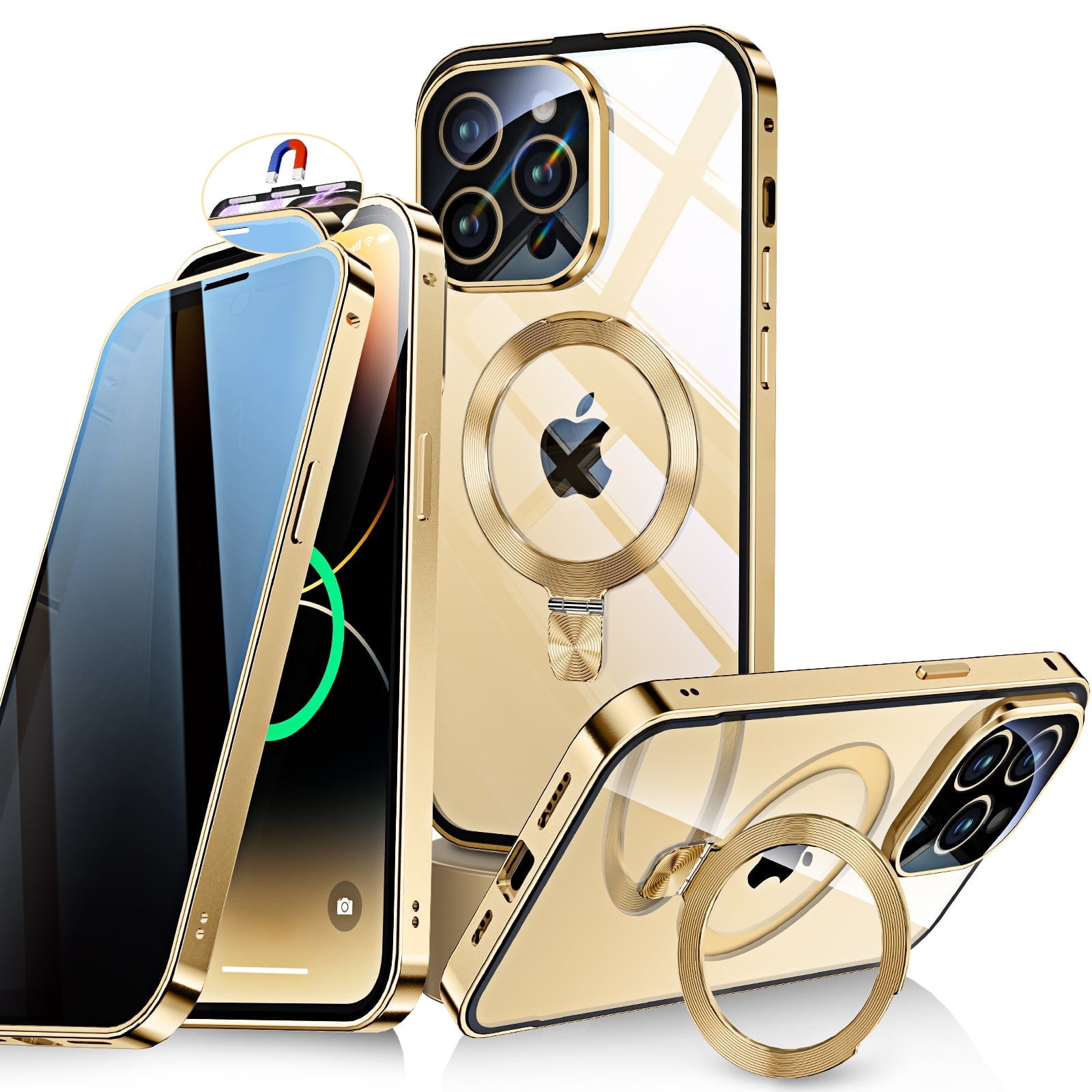 JETeacka iPhone 14 Pro Max Auto Lock Case Privacy Screen Protector Magnetic Stand MagSafe Compatible Heavy Duty Full-Body Shockproof Cover-Luxury Gold