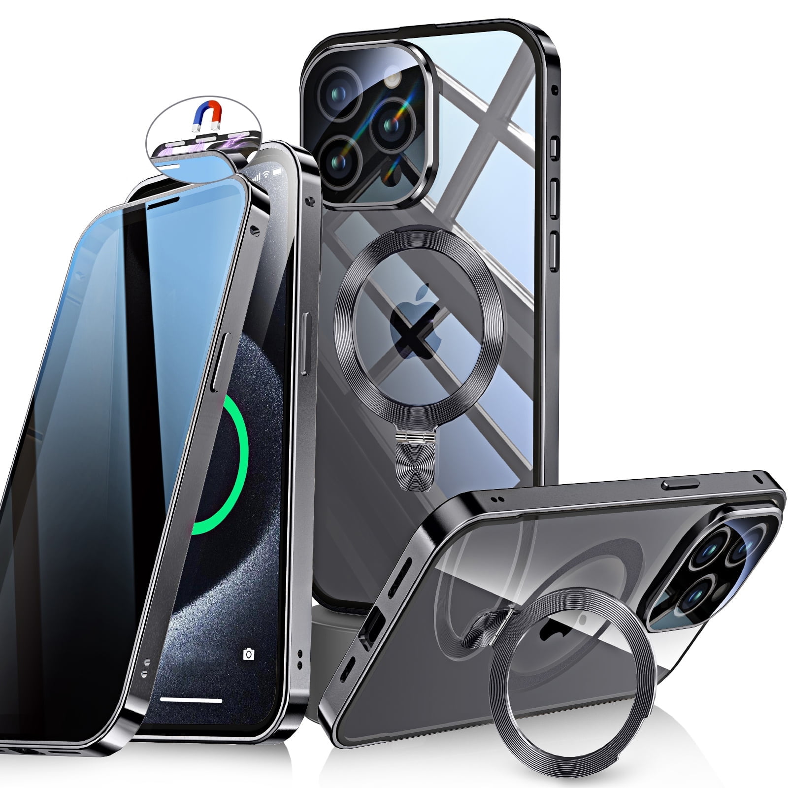 JETeacka iPhone 15 Pro Max Auto Lock Case Privacy Screen Protector Magnetic Stand MagSafe Compatible Heavy Duty Full-Body Shockproof Cover-Black