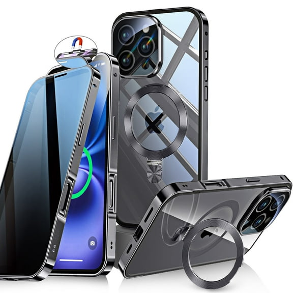 JETeacka iPhone 16 Pro Max Auto Lock Case Privacy Screen Protector Magnetic Stand MagSafe Compatible Heavy Duty Full-Body Shockproof Cover-Black