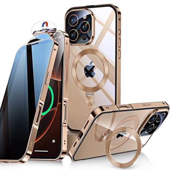 JETeacka iPhone 16 Pro Max Auto Lock Case Privacy Screen Protector Magnetic Stand Heavy Duty Full-Body Shockproof Cover-Desert Gold