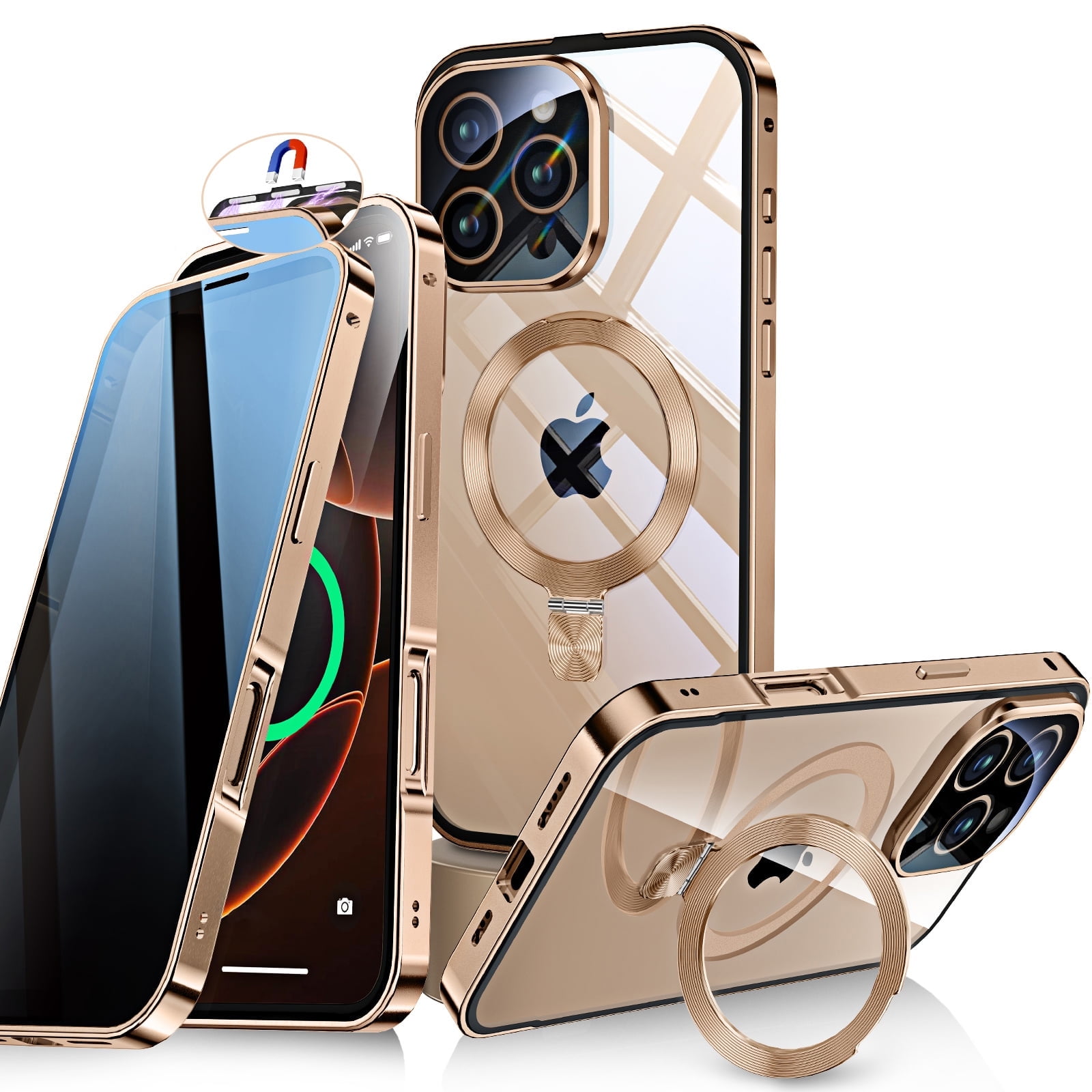 JETeacka iPhone 16 Pro Max Auto Lock Case Privacy Screen Protector Magnetic Stand MagSafe Compatible Heavy Duty Full-Body Shockproof Cover-Desert Gold