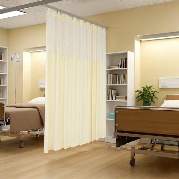 Privacy Curtain, 9'W x 8'H Beige Polyester Room Divider, Cubicle Curtain with Mesh Top & 13 Hooks