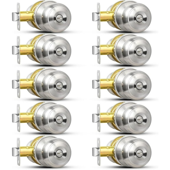 Privacy Door Knob, 10 Pack Brushed Nickel Round Keyless Doorknobs Interior/Exterior Lockset, Privacy Locking Door Knobs for Bedroom/Bathroom, Modern Design Door Hardware