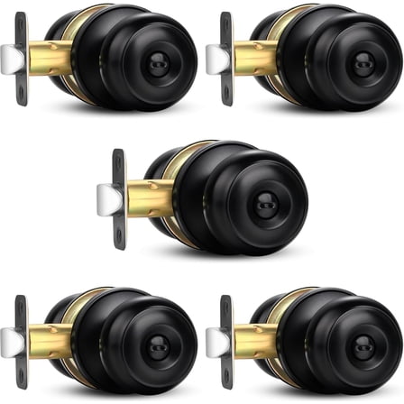 Privacy Door Knob, 5 Pack Matte Black Round Keyless Doorknobs Interior/Exterior Lockset, Privacy Locking Door Knobs for Bedroom/Bathroom, Black Modern Design Door Hardware