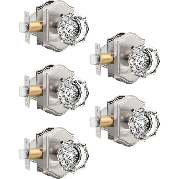 Privacy Door Knob in Satin Nickel Octagonal Crystal Door Knobs with Lock,Clear Diamond Glass Interior Door Lock for Bed Bath,Universal Door Knobsets,5Pack