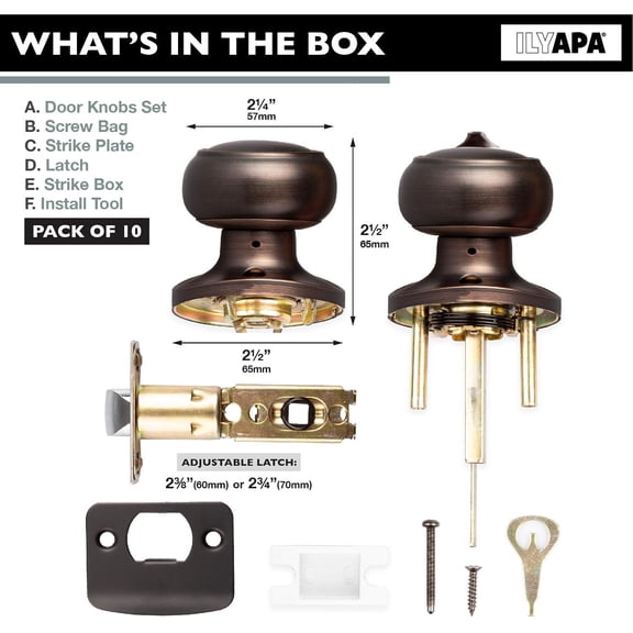 Privacy Door Knob for Bed/Bath - Colonial, Oil Rubbed Bronze Interior Keyless Turn Thumb Locking Round Door Handle, Oil Rubbed Bronze, 10 Pack