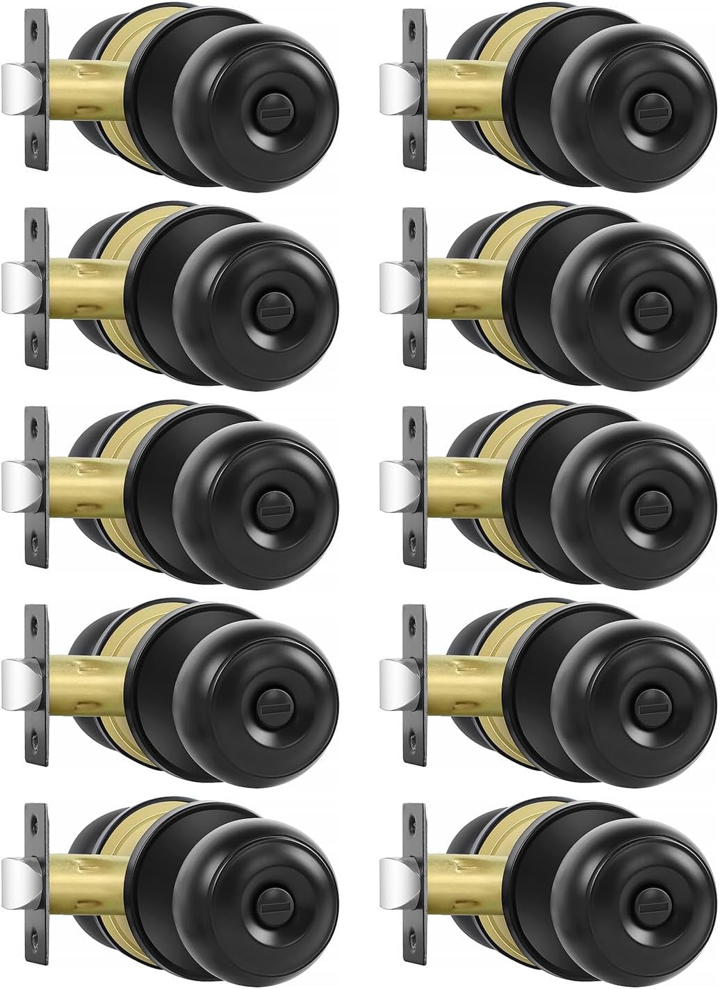Privacy Door Knobs, 10 Pack Matte Black Door Knobs with Lock, Bed and Bath Door Knob Interior Keyless Locksets, Round Door Handles Reversible for Left Right Handed Doors