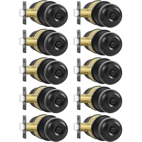 Privacy Door Knobs, 10 Pack Matte Black Door Knobs with Lock, Bed and Bath Door Knob Interior Keyless Locksets, Round Door Handles Reversible for Left Right Handed Doors