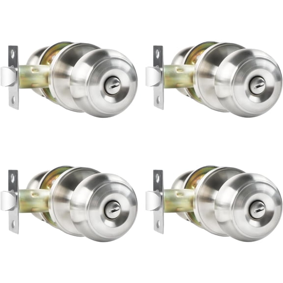 Privacy Door Knobs, 4 Pack Satin Nickel Door Knobs with Lock, Bed and Bath Door Knob Interior Keyless Locksets, Round Door Handles Reversible for Left Right Handed Doors