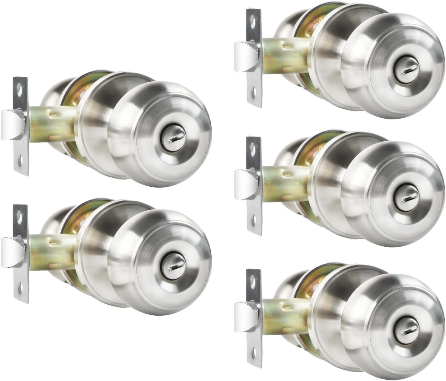 Privacy Door Knobs, 5 Pack Satin Nickel Door Knobs with Lock, Bed and Bath Door Knob Interior Keyless Locksets, Round Door Handles Reversible for Left Right Handed Doors