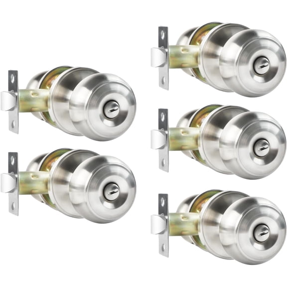 Privacy Door Knobs, 5 Pack Satin Nickel Door Knobs with Lock, Bed and Bath Door Knob Interior Keyless Locksets, Round Door Handles Reversible for Left Right Handed Doors