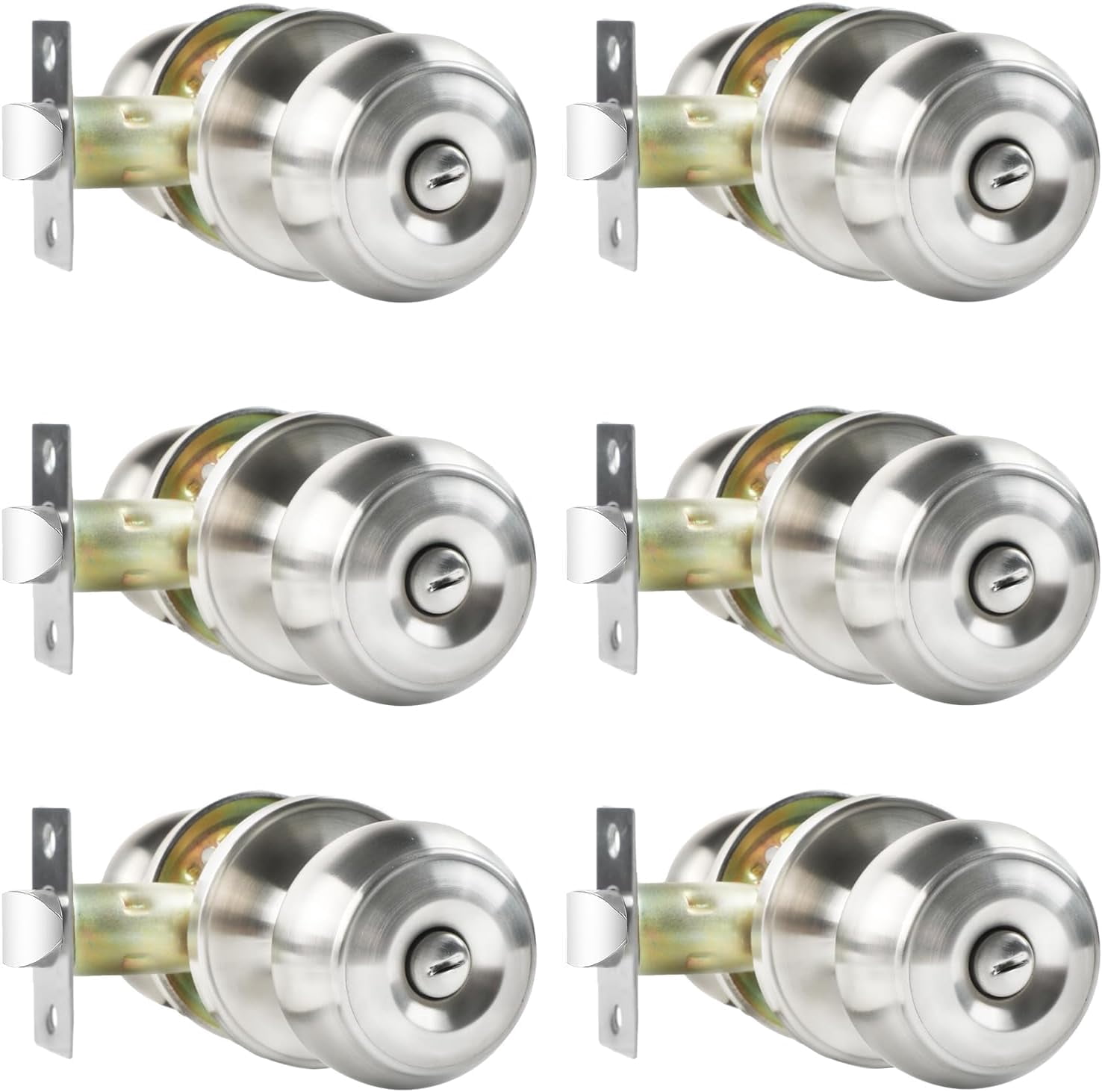 Privacy Door Knobs, 6 Pack Satin Nickel Door Knobs with Lock, Bed and Bath Door Knob Interior Keyless Locksets, Round Door Handles Reversible for Left Right Handed Doors