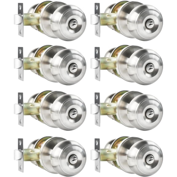 Privacy Door Knobs, 8 Pack Satin Nickel Door Knobs with Lock, Bed and Bath Door Knob Interior Keyless Locksets, Round Door Handles Reversible for Left Right Handed Doors