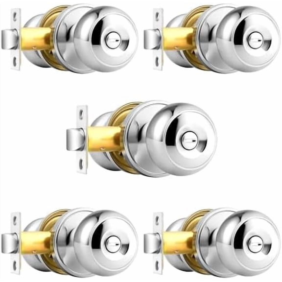 Privacy Door Knobs Polished Chrome, Bath/Bed Door Locks, Interior Keyless Door Handles, 5 Pack