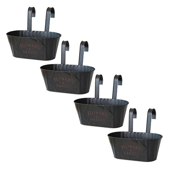 Privacy Fence Hanging Flower Pots – Metal Iron Railing Planter with Detachable Hooks, 11 Inch Oval Window Box for Outdoor Herbs, Balcony & Garden Decor, Countryside Style