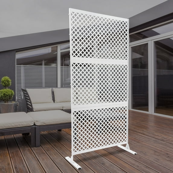 Privacy Fence Screen 3 Panels Freestanding White Steel Privacy Screen, Diamond-shaped Decorative Privacy Screen