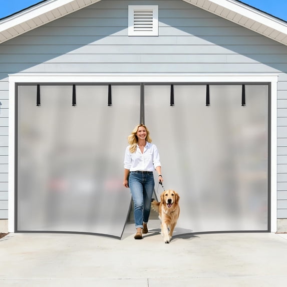 Privacy Garage Door Screen for 2 Car Garage 16x7FT, Blackout Magnetic Screen Door with Retractable Fiberglass Mesh&Heavy Duty Weighted Bottom, Easy Assembly&Pass for Garage/Patio-Sliver Grey
