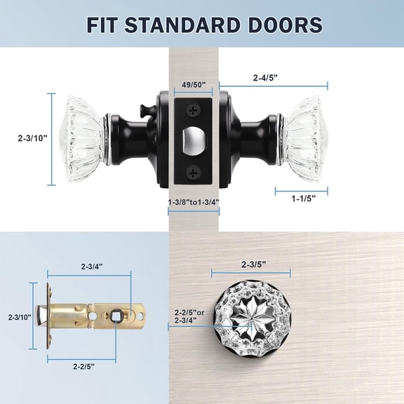 Privacy Glass Door Knob Crystal  Fluted Door Knobset with Victorian Rosette in Matte Black, Bedroom Bathroom Door Knobs