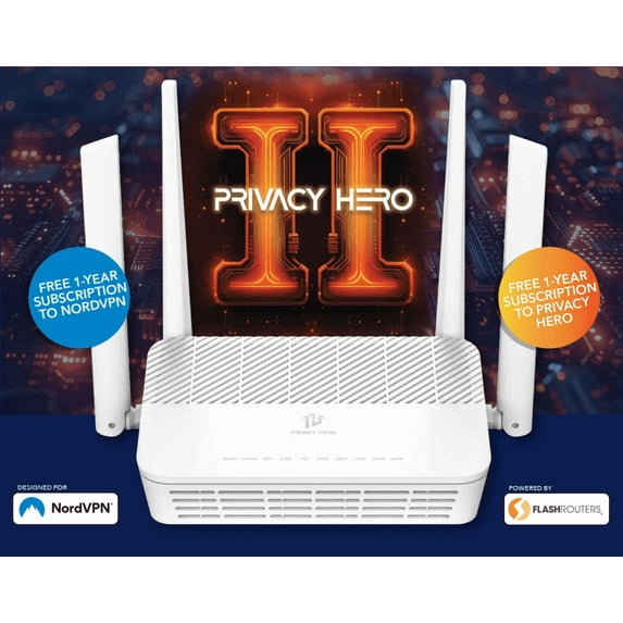 Privacy Hero 2 Wireless Home Internet VPN Router - Free 1 Year NordVPN, Ad Blocking, Parental Controls