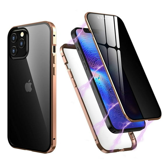 Privacy Magnetic Case for iPhone 12 / iPhone 12 Pro 6.1 inch, Dteck Double-Sided Tempered Glass Magnetic Adsorption Metal Bumper Privacy Screen Protector Antipeep Anti-Spy Phone Cases Cover, Gold