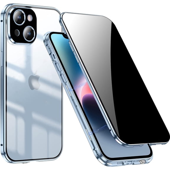 Privacy Magnetic Case for iPhone 14 Plus,Anti Peeping Screen Protector Front and Back Double-sided Tempered Glass Metal Bumper Anti SPY 360 Degree Full Body Protective Phone Case,Clear Blue