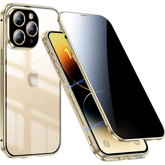 Privacy Magnetic Case for iPhone 14 Pro,Anti Peeping Screen Protector Front and Back Double-sided Tempered Glass Metal Bumper Anti SPY 360 Degree Full Body Protective Phone Case,Clear Gold