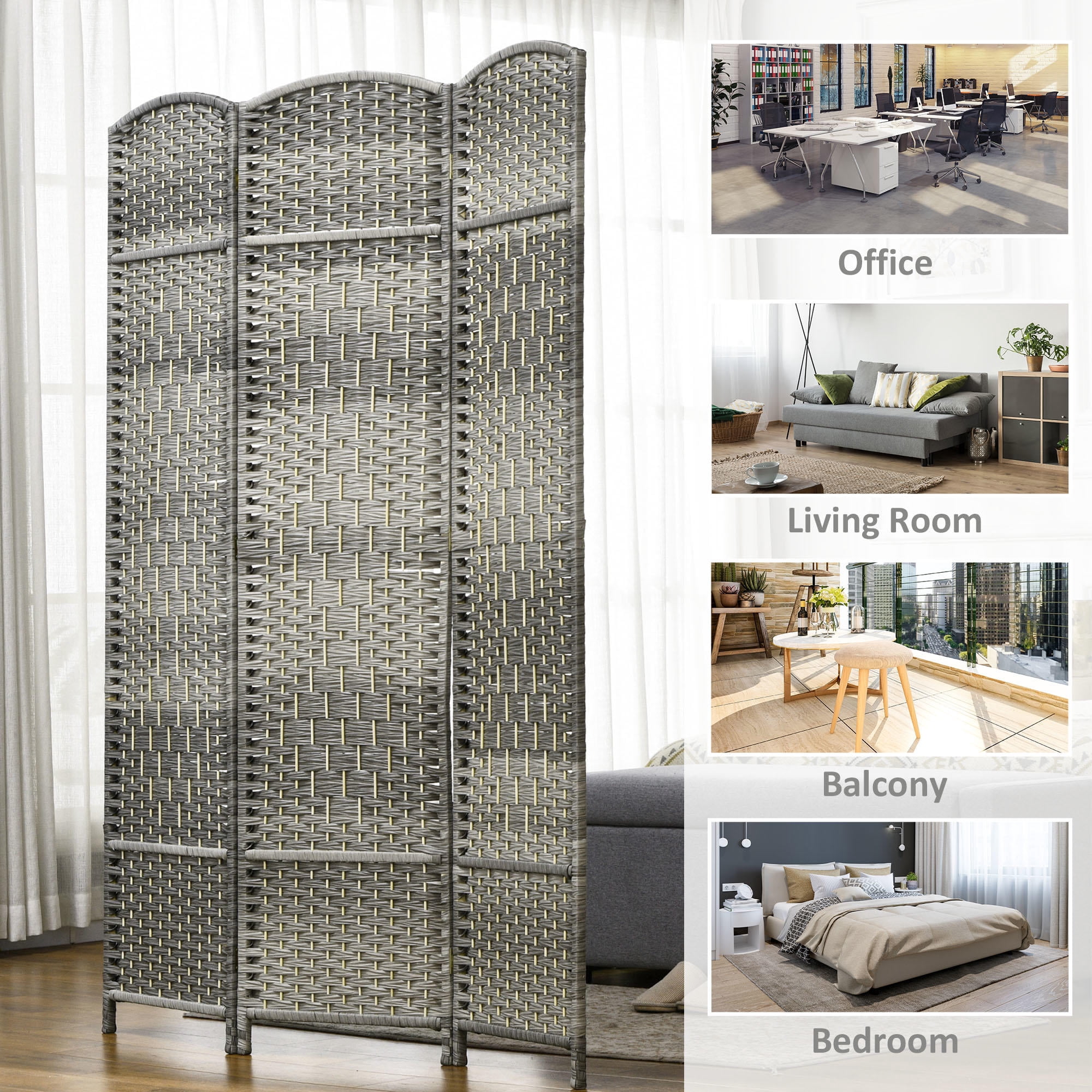 Privacy Screen 3 Panel Folding Room Divider 6' Tall, Freestanding Pine Wood Partition Woven Polypropylene for Home Office Bedroom, Mixed Gray
