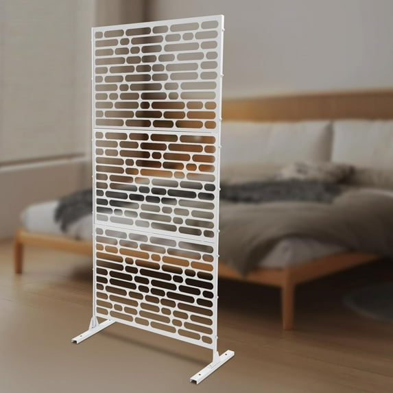 Privacy Screen Fence Panels,Outdoor Decorative Panels,Indoor Metal Freestanding Outdoor Divider Decorative Panels with H-Shaped Base for Patio Garden,74.8 * 35.4in,White,Irregular Oval