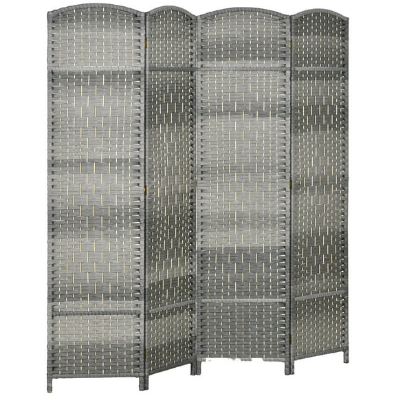 Privacy Screen HOMCOM 4 Panel Room Divider, 6' Tall Folding Privacy Screen, Hand-Woven Freestanding Wood Partition for Home Office, Bedroom, Mixed Gray,Partition Screen