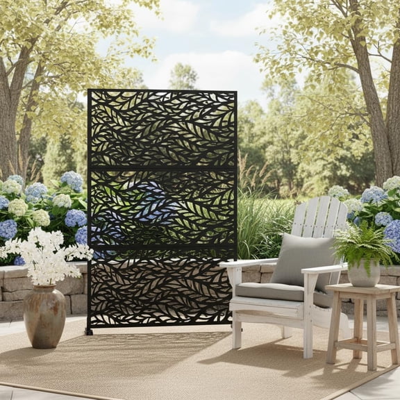 Privacy Screen Outdoor Metal Fence Panel, 72" H x 47" W Freestanding Decorative Privacy Fence for Patio, Deck, Balcony, Backyard, Garden with Stable Base