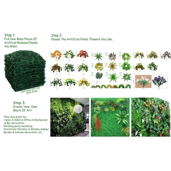 Privacy Screen, Party back drop, Artificial Boxwood Panels, Artificial plants & flowers. 4pcs Dk Green(20"x20"ea)