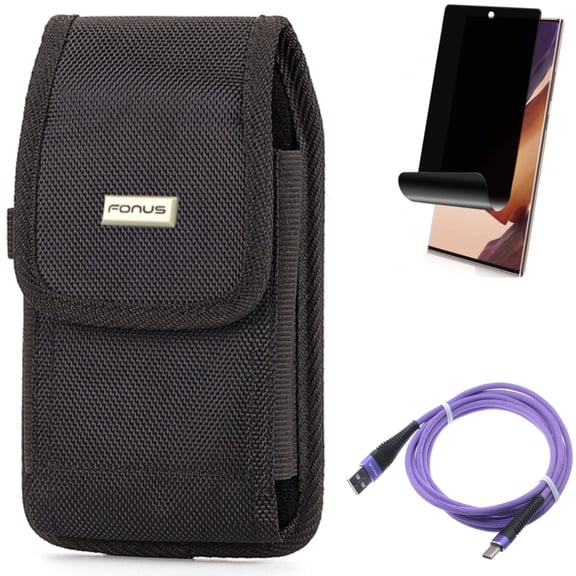 Privacy Screen Protector & 10ft USB Cable & Case Belt Clip for Samsung Galaxy Note 20 Ultra (6.9") - Combo with TPU Film Anti-Peep & Purple Type-C & Rugged Holster