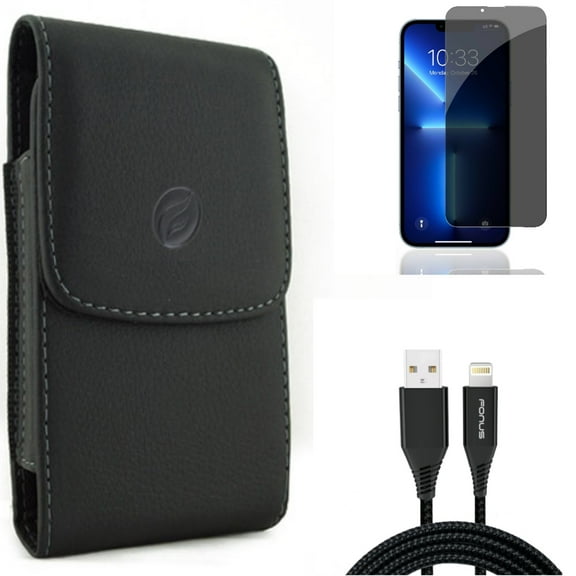 Privacy Screen Protector & 10ft USB Cable & Case Belt Clip for iPhone 13/Pro - Combo with Tempered Glass Curved Anti-Spy & Charger Cord Power Wire & Leather Holster Cover