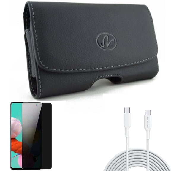 Privacy Screen Protector & Case Belt Clip & 10ft Long Type-C Cable for Samsung Galaxy S20 Fan Edition - Tempered Glass Anti-Spy + Leather Swivel + Fast Charger Cord PD Combo