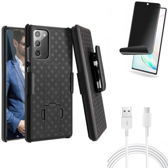 Privacy Screen Protector & Case Belt Clip & 10ft USB-C Cable for Samsung Galaxy Note 20 (6.7") - Combo with TPU Film Anti-Peep & Holster Swivel & Type-C Charger Cord