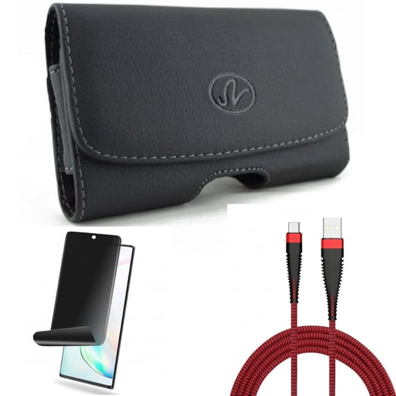 Privacy Screen Protector & Case Belt Clip & 10ft USB Cable for Samsung Galaxy Note 20 (6.7") - Combo with TPU Film Anti-Peep & Leather Swivel & Type-C Charger Cord