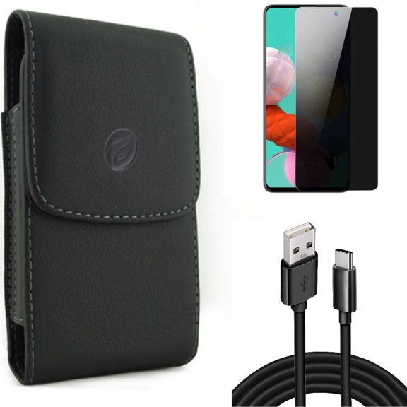 Privacy Screen Protector & Case Belt Clip & 10ft USB Cable for Samsung Galaxy S20 Fan Edition - Tempered Glass Anti-Spy + Leather Holster + Type-C Charger Cord Combo