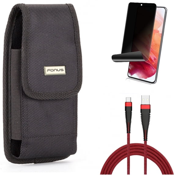 Privacy Screen Protector & Case Belt Clip & 10ft USB Cable for Samsung Galaxy S22 (6.1") - TPU Film Fingerprint Works & Swivel Holster & Type-C Charger Cord Accessory Bundle