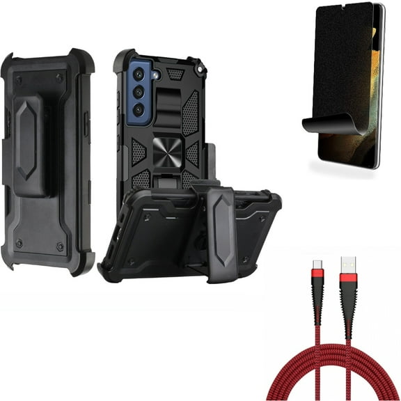 Privacy Screen Protector & Case Belt Clip & 10ft USB Cable for Samsung Galaxy S22 Plus (S22+) - Combo TPU Film (Fingerprint Works) Anti-Peep & Holster Swivel Cover & Type-C Charger Cord Power