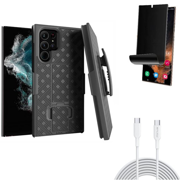 Privacy Screen Protector & Case Belt Clip & 6ft Long Type-C Cable for Samsung Galaxy S22 Ultra (6.8") - Combo TPU Film (Fingerprint) Anti-Peep & Holster Swivel Cover & PD Fast Charger Cord Power Wire