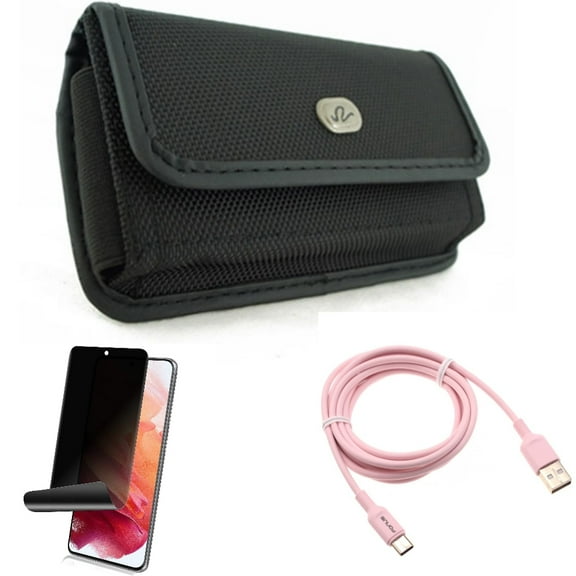 Privacy Screen Protector & Case Belt Clip & 6ft USB-C Cable for Samsung Galaxy S22 (6.1") - TPU Film Fingerprint Works & Rugged Holster & Pink Charger Cord Accessory Bundle