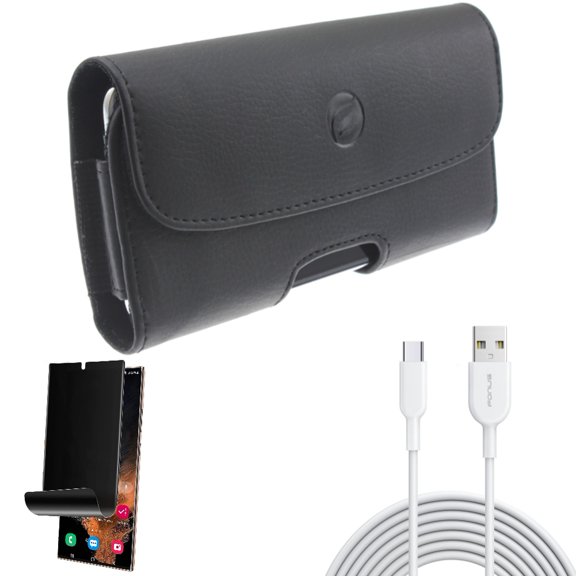 Privacy Screen Protector & Case Belt Clip & 6ft USB-C Cable for Samsung Galaxy S22 Ultra (6.8") - Combo TPU Film (Fingerprint) Anti-Peep & Leather Holster Cover & Type-C Fast Charger Cord