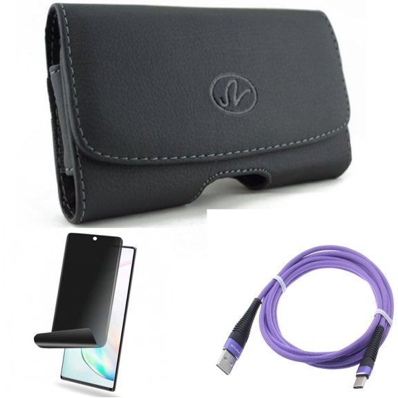 Privacy Screen Protector & Case Belt Clip & 6ft USB Cable for Samsung Galaxy Note 20 (6.7") - Combo with TPU Film Anti-Peep & Leather Swivel & Purple Type-C