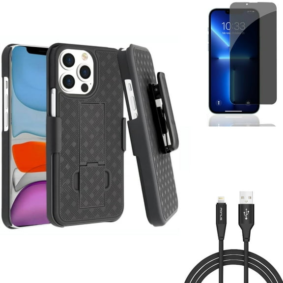 Privacy Screen Protector & Case Belt Clip & 6ft USB Cable for iPhone 13 Pro - Combo with Tempered Glass Curved Anti-Spy & Holster Swivel Cover & Charger Cord Power Wire