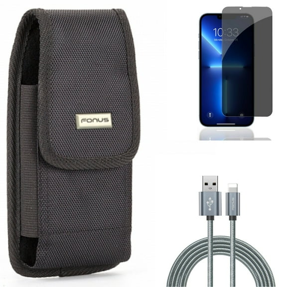Privacy Screen Protector & Case Belt Clip & 6ft USB Cable for iPhone 13/Pro - Combo with Tempered Glass Curved Anti-Spy & Swivel Holster Rugged & Charger Cord Power Wire