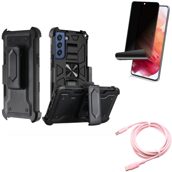 Privacy Screen Protector & Case Belt Clip & Pink 10ft Long Cable for Samsung Galaxy S22 (6.1") - TPU Film Fingerprint Works & Holster Swivel & USB-C to Type-C PD Fast Charger Accessory Bundle