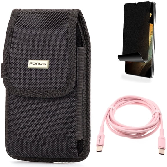 Privacy Screen Protector & Case Belt Clip & Pink 6ft Long Cable for Samsung Galaxy S22 Plus (S22+) - Combo TPU Film (Fingerprint) Anti-Peep & Rugged Holster & USB-C to Type-C PD Fast Charger Cord