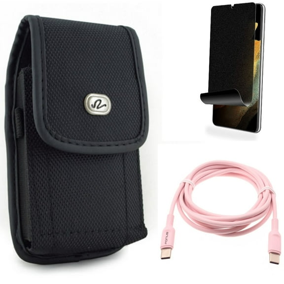 Privacy Screen Protector & Case Belt Clip & Pink 6ft Long Cable for Samsung Galaxy S22 Plus (S22+) - Combo TPU Film (Fingerprint) Anti-Peep & Rugged Holster & USB-C to Type-C PD Fast Charger Cord