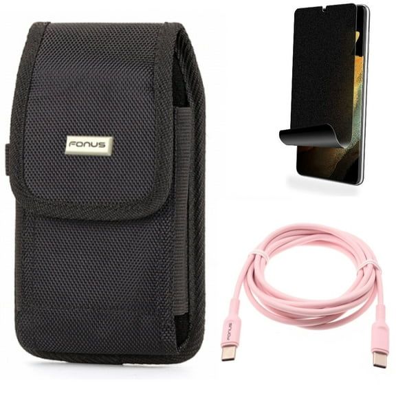 Privacy Screen Protector & Case Belt Clip & Pink 6ft Long Cable for Samsung Galaxy S22 Plus (S22+) - Combo TPU Film (Fingerprint) Anti-Peep & Swivel Holster Rugged & USB-C to Type-C PD Fast Charger
