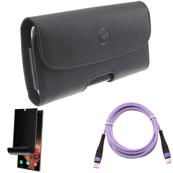 Privacy Screen Protector & Case Belt Clip & Purple 10ft PD Cable for Samsung Galaxy S22 Ultra (6.8") - Combo TPU Film (Fingerprint) Anti-Peep & Leather Holster Cover & Type-C to USB-C Fast Charger